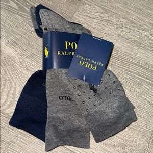 Polo Ralph Lauren Mens long Socks 3 pairs navy blue gray yellow dots NEW NWT